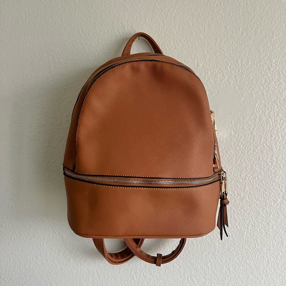 Brown Leather Mini Backpack with Gold Zippers